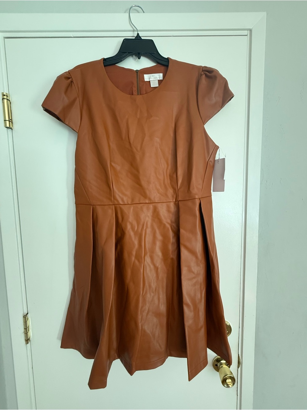 Rachel Parcell Brown Faux Leather Pleated Mini Dress